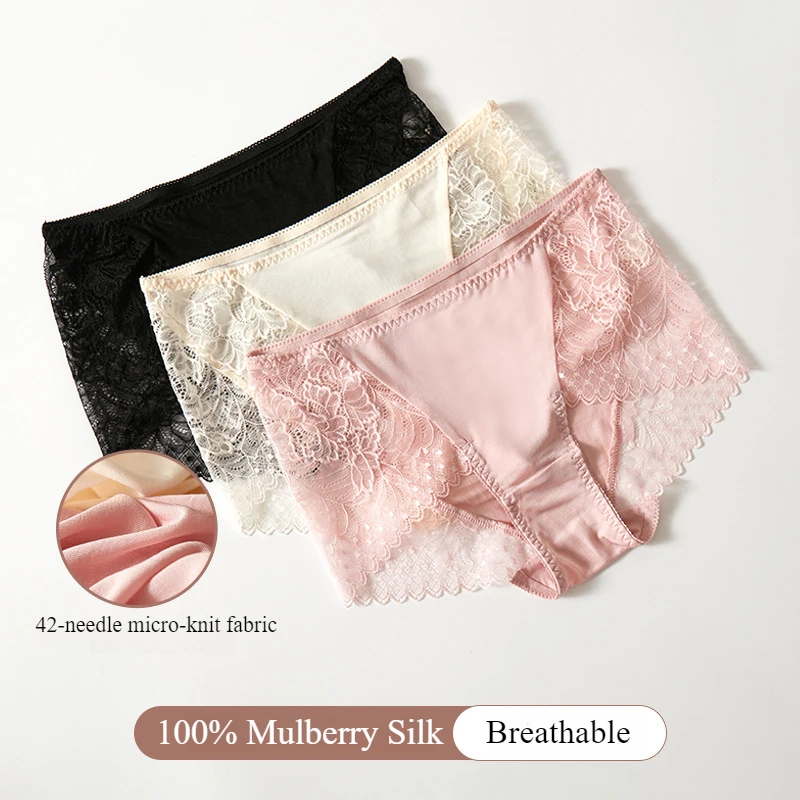 

Lace Sexy Panties Mid-waist 100% Mulberry Silk Pants Seamless French Silk Briefs Breathable Underwear Pink Girl Women's Lingerie