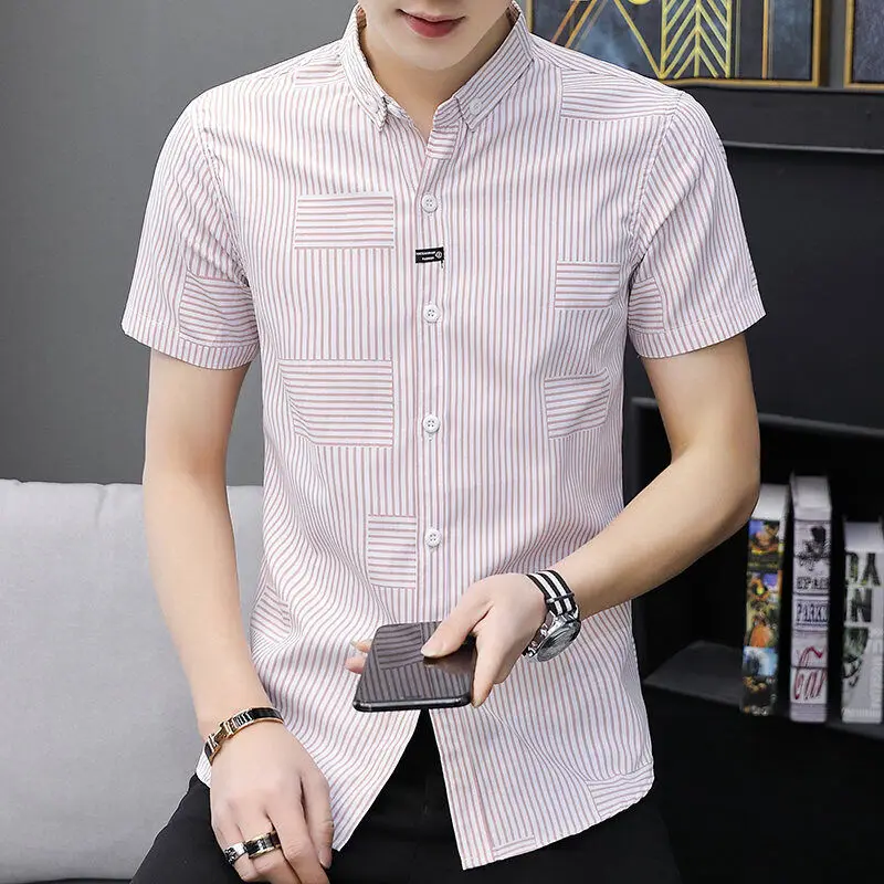 2024new Summer Fashion Korean Stripe Print Fashion Brand Short Sleeve Flip Collar Business Slim Fit Men\'s Professional Shirt