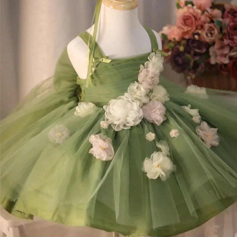 

Girls Princess Sleeveless Dress Green flowers sweet Children Bow Backless Wedding Gown baby infant Birthday Party Kids Dresses