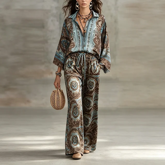 Conjunto de 2 Piezas con Estampado Étnico Boho para Mujer, Camisa de Manga Larga con Cuello Solapa y Pantalones Anchos, Ropa Casual de Calle, Traje Holgado