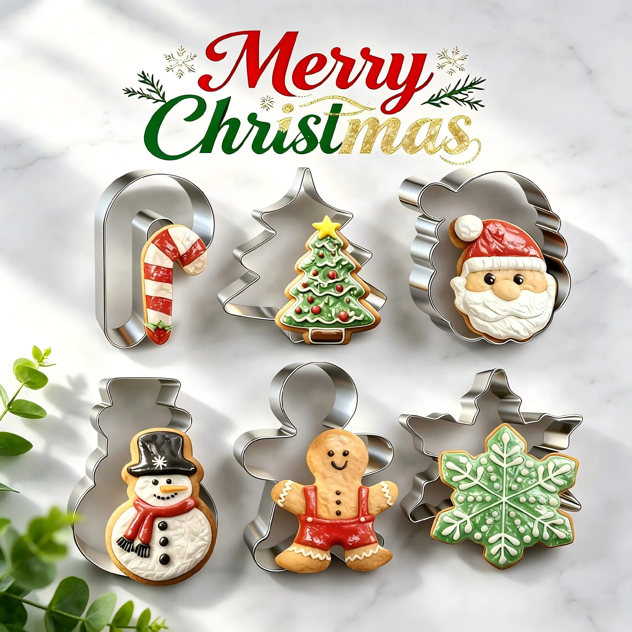 6PCS Christmas Cookie Cutters Stainless Steel Santa Snowflake Snowman for Baking Chocolate Fruit Holiday Party Kitchen Gadgets