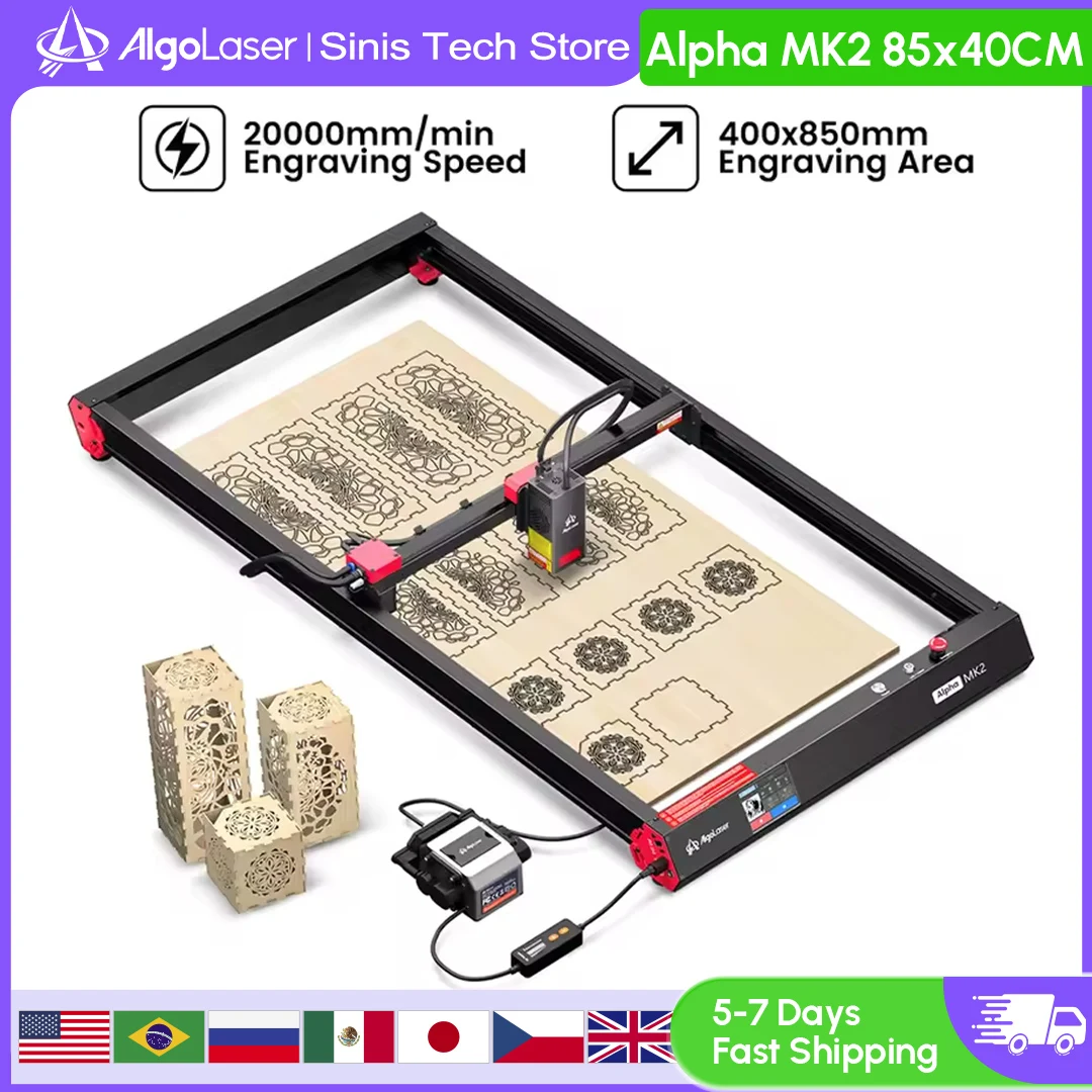 AlgoLaser Alpha MK2 22W 40X85CM เลเซอร์แกะสลักและตัด Cnc เดสก์ท็อป 20W เลเซอร์แกะสลักโรตารี่ Roller Air ปั๊ม