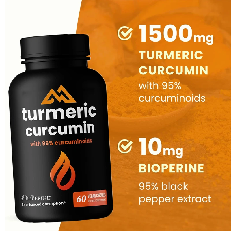 

95% curcumin compounds are used for joint health, brain, heart, and immune support in 60 non genetically modified capsules