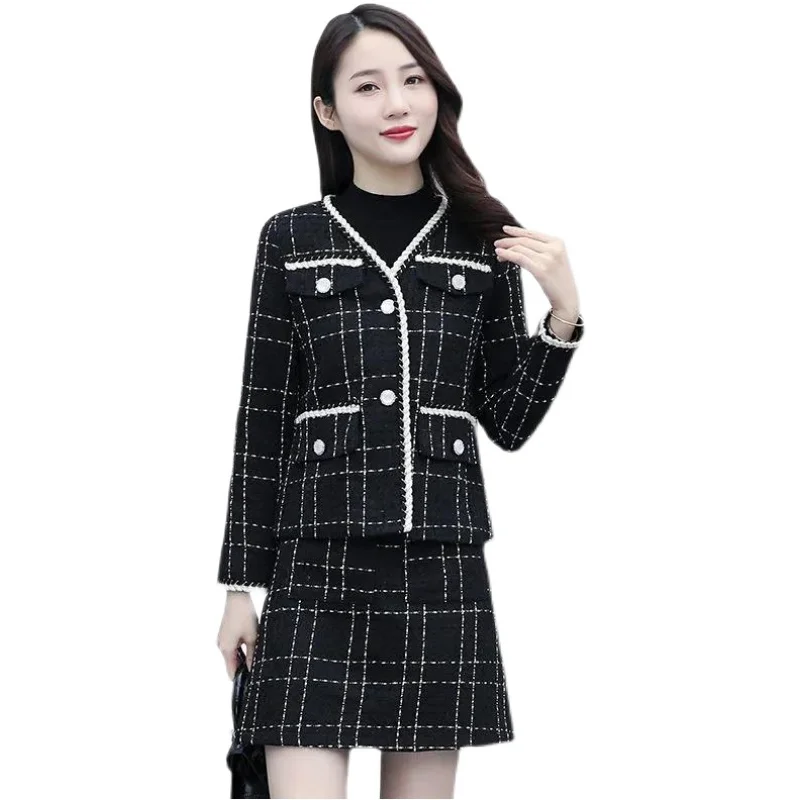 Jaqueta de lã de duas peças e terno saia feminina, manga comprida e solta, xadrez casual, moda feminina, novo, outono e inverno, 4XL, 2023