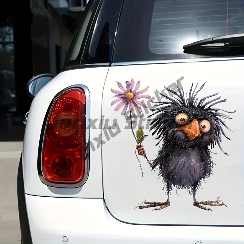 

Whimsical Cartoon Crow with Flower Car Stickers Waterproof for Trunk Laptop Vinyl Decals Scratches Cover Funny Auto Decoration