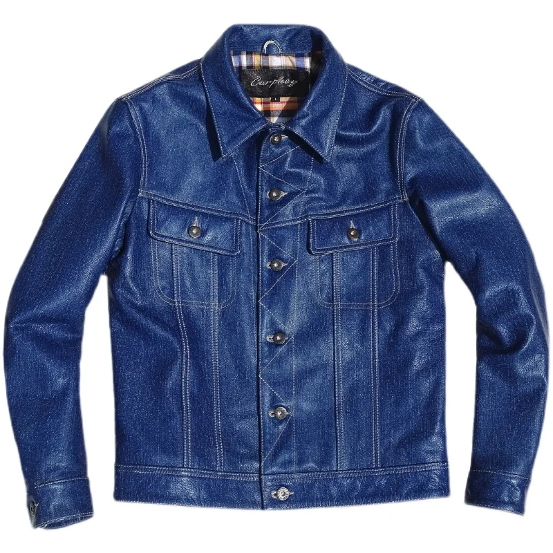 سترة من جلد الدنيم المصبوغة باللون الأبيض النيلي من طبقة أولى من جلد البقر ستورم نايت