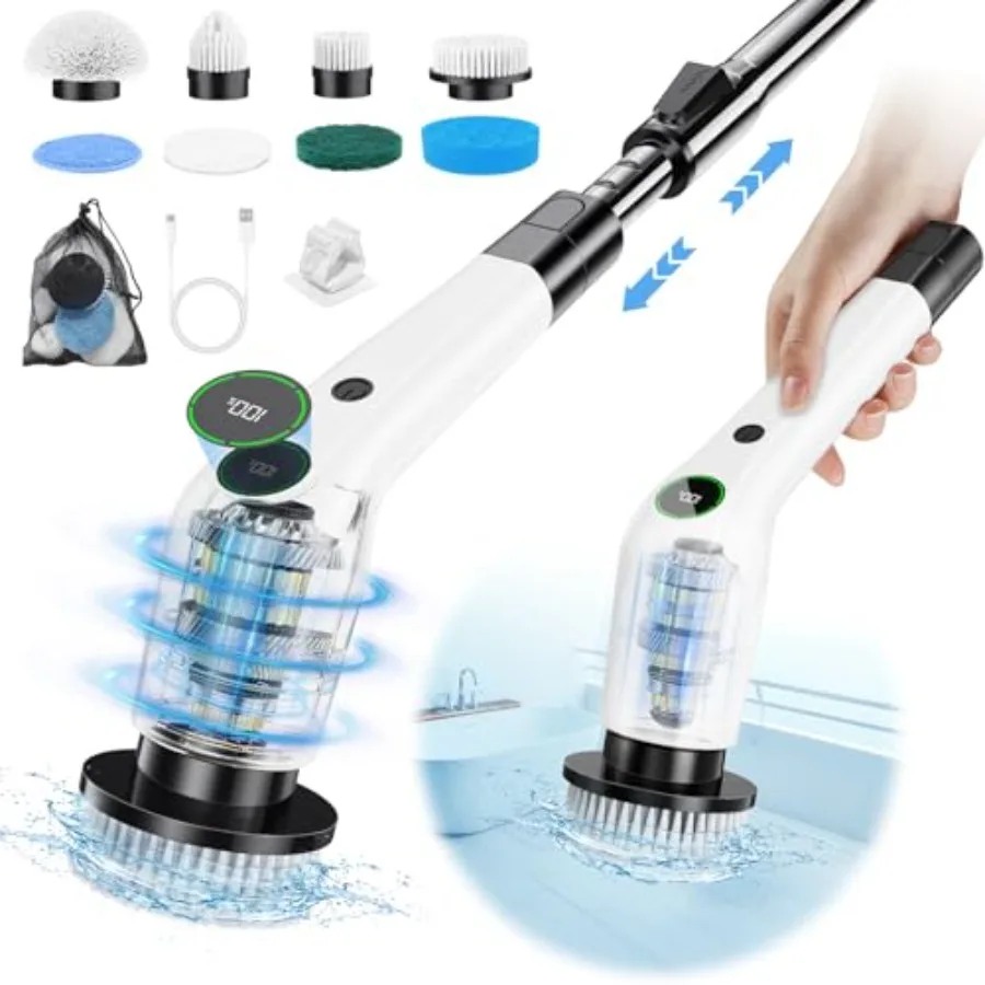 

Electric Spin Scrubber, Cordl Shower Scrubber with 8 Scrub Brush, 2 Speed with Adjustable Extension Handle, Battery Level Displ