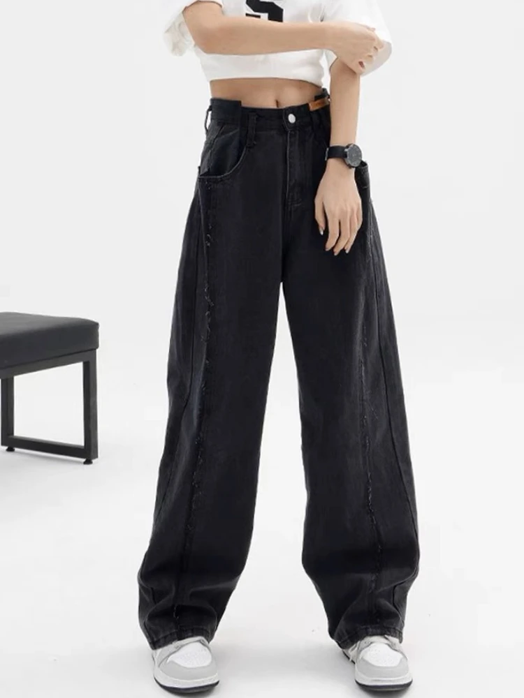 QWEEK Baggy Vintage Jeans Women Y2k High Waist Harajuku Black Trousers Streetwear Straight Casual Loose Denim Wide Leg Pants