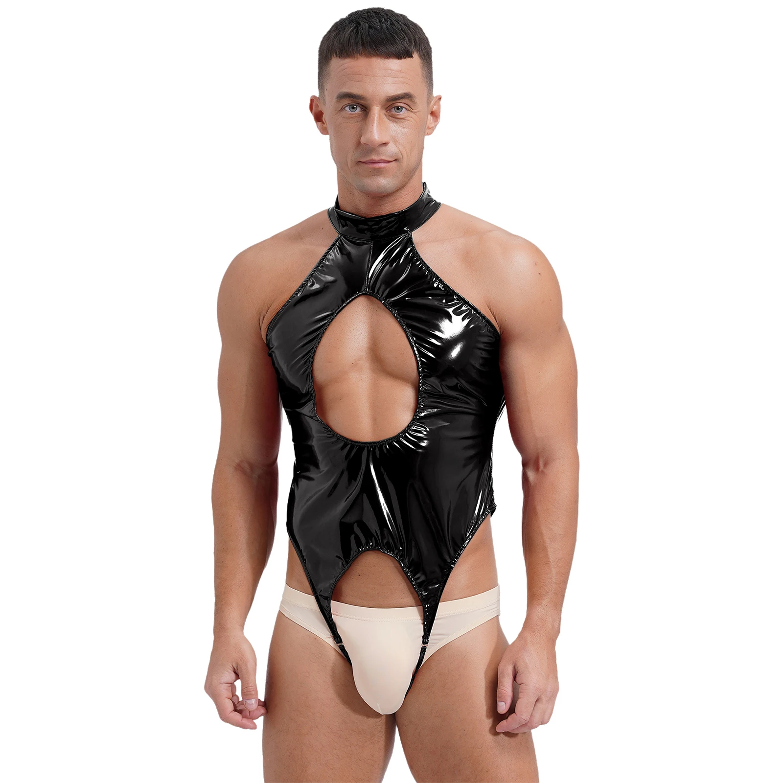 

Sexy Mens Shiny Wet Look Patent Leather Bodysuit Lingerie Sleeveless Backless Cutout Crotchless Leotard Jumpsuit Sissy Nightwear