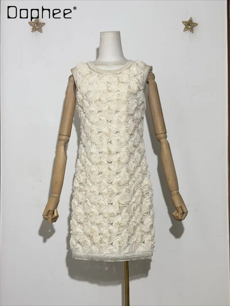 

Pearl Versatile Loose Trendy Three-Dimensional Flower Embroidery Vest Evening Dresses French Elegant Socialite A-Line Dress