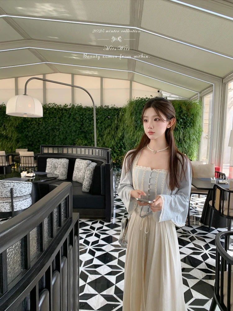 

MissVis Blue Lace Dr Youthful Cotton Knitted Cardigan Slimming Air Conditioner irt Sweet Japanese Sle Long Sve V-Ne