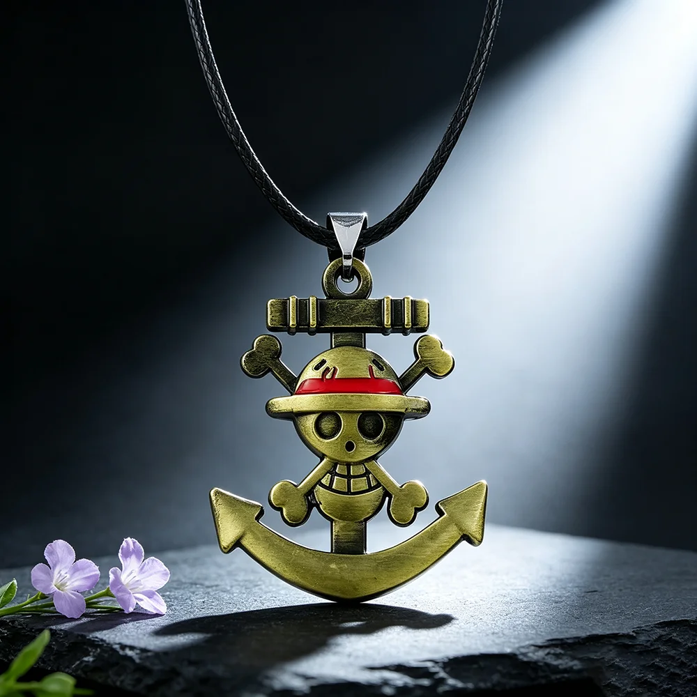 One Piece Anime Pendant Necklace, Antique Bronze Skull Anchor Luffy Jolly Roger Charm NecklaceCosplay Jewelry Gift