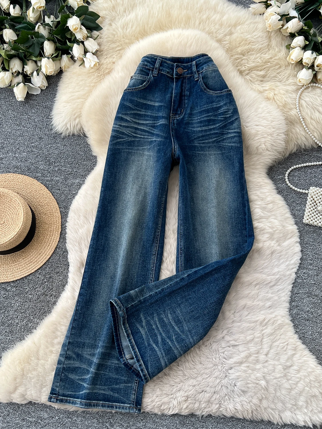 Retro High Waist Bell Bottom Jeans Women's Loose Slimming Straight Leg Pants Autumn Fashion Small Audience Design Sense
