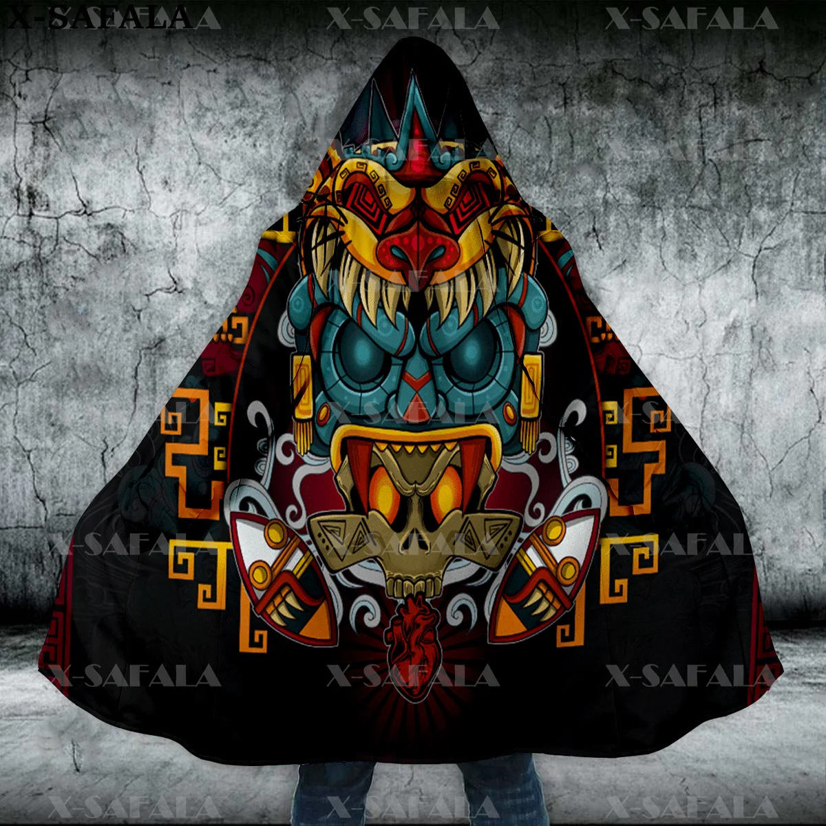 Ancient Skull Mexican Aztec Tattoo Mexico Thick Warm Hooded Cloak Men Overcoat Coat Windproof Fleece Cape Robe Hooded Blanket-6