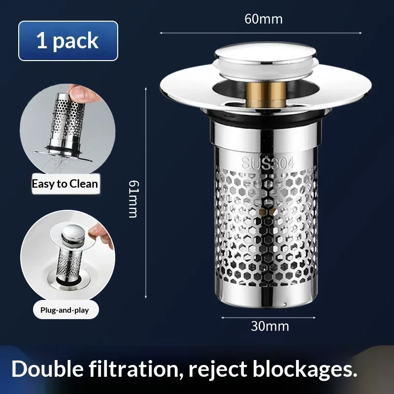 Universal Basin Pop-up Drain Stopper Copper Core Sink Drain Filter Anti-clog Anti-odor Bounce Plug for Bathroom Wash Basin
