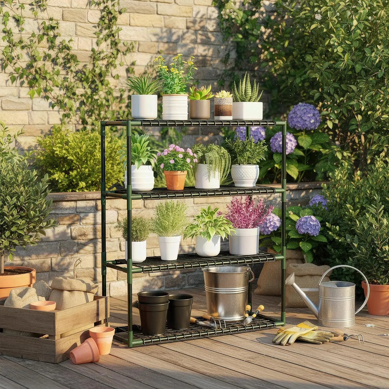4-Tier Metal Greenhouse Plant Shelves – Adjustable Height, Tool-Free Assembly, 35 lbs per Shelf, Portable Outdoor Indoor Shelving Rack