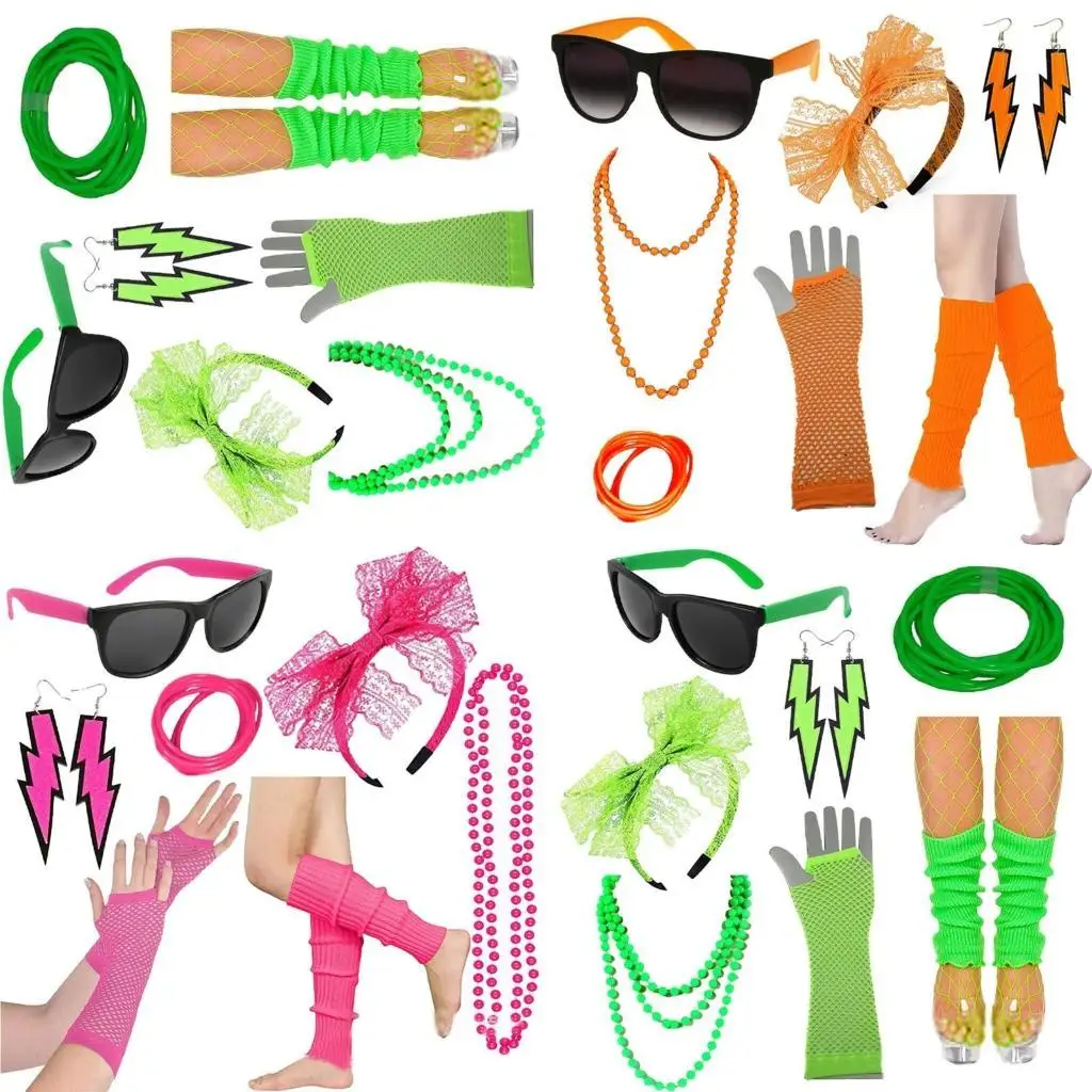 

R1WE Colorful Earrings Wrist Leg Warmers 80s Necklace Headband with Lace for Parties