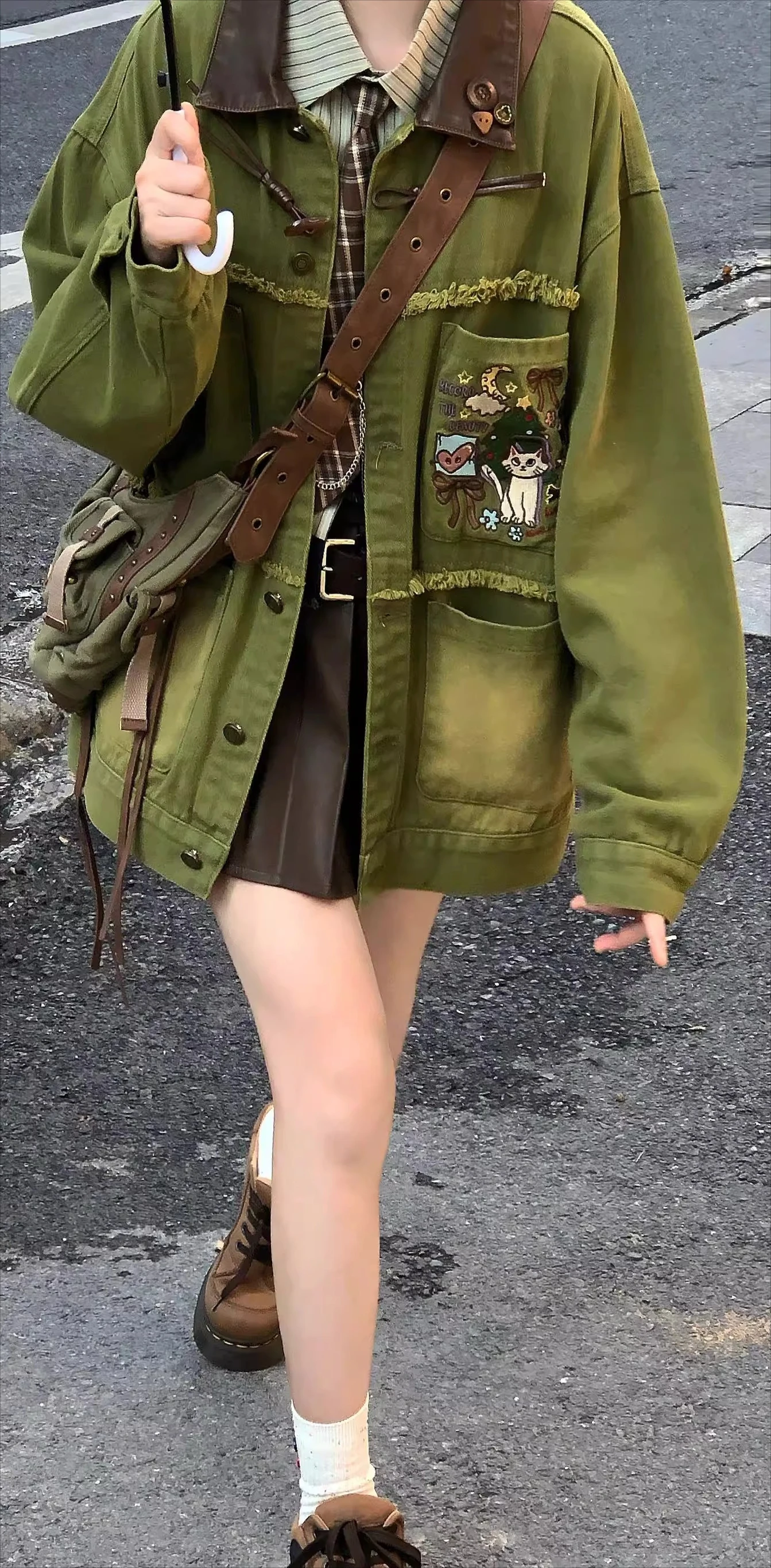 2025 Spring and Autumn American Retro Style Avocado Green Patchwork Denim Jacket Women's Loose Blue Casual Daily Jacket