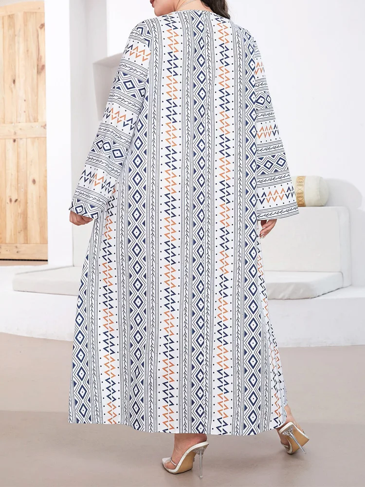 GIBSIE حجم كبير التباين الدانتيل الخامس الرقبة طباعة فستان مناسبات المرأة الربيع والخريف طويلة الأكمام فضفاضة فساتين ماكسي امرأة عادية