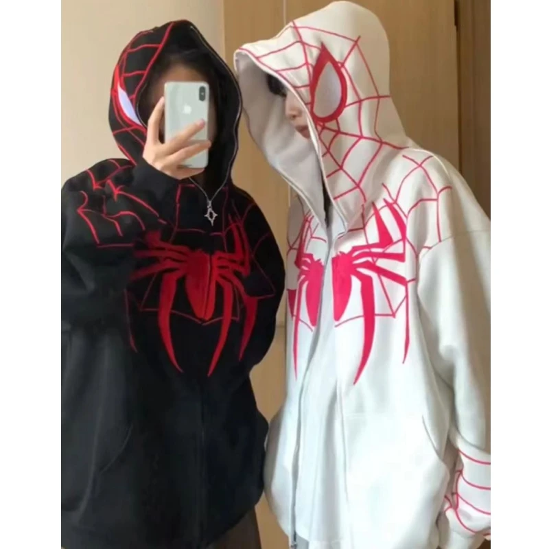 

Spiderman men and women couples new versatile retro personalized embroidered printed cardigan loose hooded sweatshirt jacket