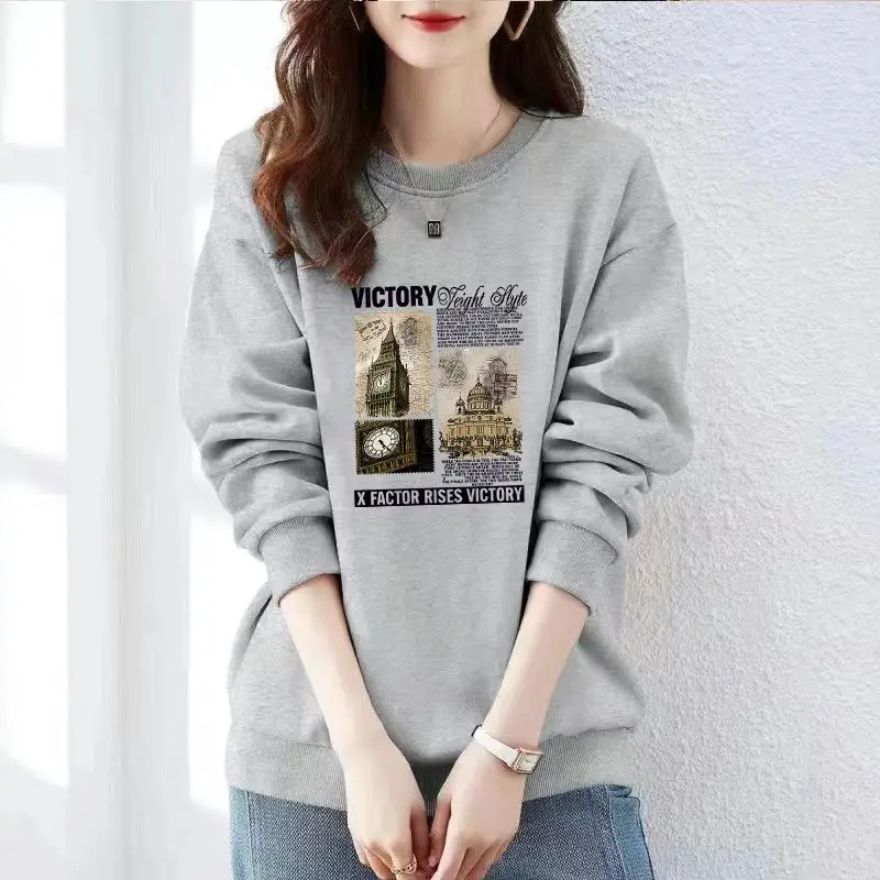 Women\'s Thick Round Neck Solid Color Hoodies Autumn Winter New Korean Loose Long Sleeve Printed Building Pullover Casual Tops