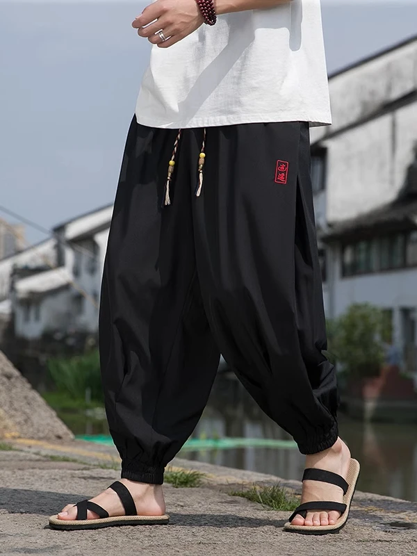 

Extra Large Size 300 Pou Summer Thin Ice Silk Qui Dry Trousers Men's New Chinese Sle Embroidery Harlan Nine Point Pants