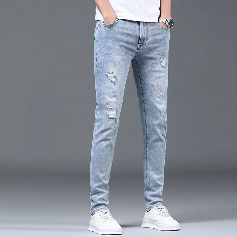 Spring Summer Stylish Korean ripped hole Stretch Men\'s Slim Work Denim Pants with Distressed Design Blue Casual Jeans Luxury Men