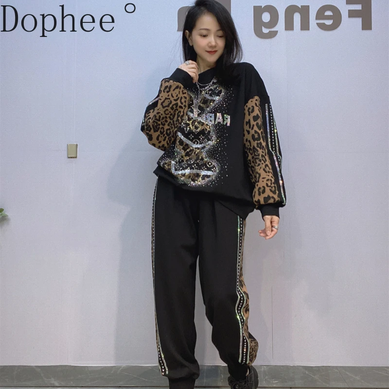 Colorblock Leopard Hoodie Two-piece Set Spring Autumn Cartoon Hot Drilling O-neck Pullover Top + Elastic Waist Sports Pants Suit