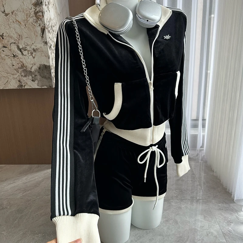 LUZHEN Color Contrast Stripe Printed Long Sleeve Sports Jacket Casual Shorts Women\'s 2024 Fashion Female Two-piece Sets AA1432