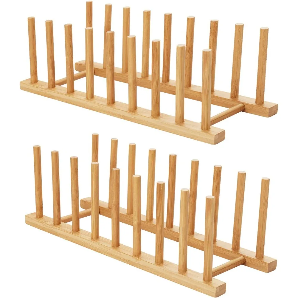 2-Pack Bamboo Kitchen Organizer Set with Adjustable Dish Drying Rack, Plate Bowl Cup Holder, Cutting Board Storage, Pot Lid Stand, and Drainer for Countertop Cabinet, Space-Saving Multifunctional Home Kitchen Accessories
