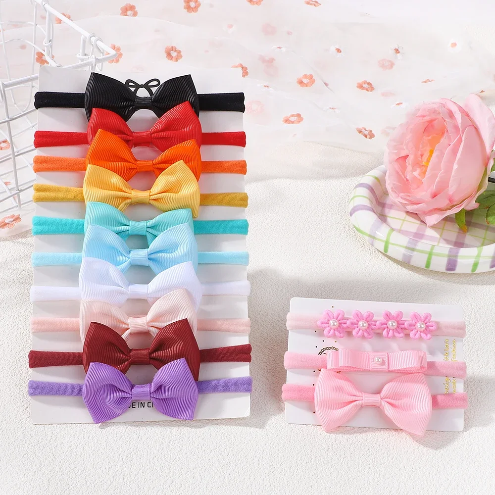 13 stks/set Lint Strikken Bloemen Hoofdband voor Baby Meisjes Effen Kleur Zachte Baby Elastische Haarband Hoofddeksels Kinderen Haaraccessoires