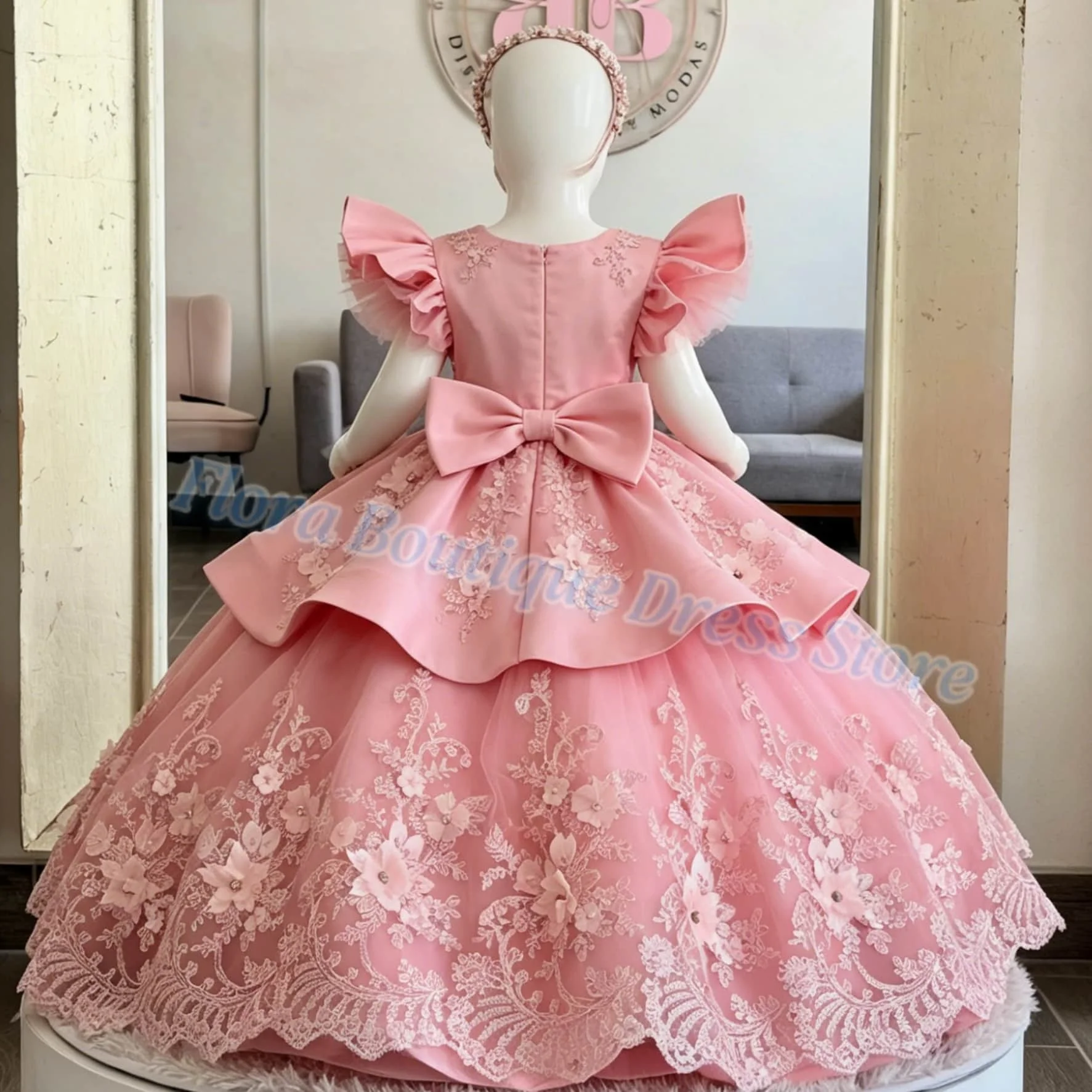Pink Flower Girl Dress Elegant Printing for Wedding Ball Party Girls Pageant Princess Kids Birthday Gowns Customized Colors