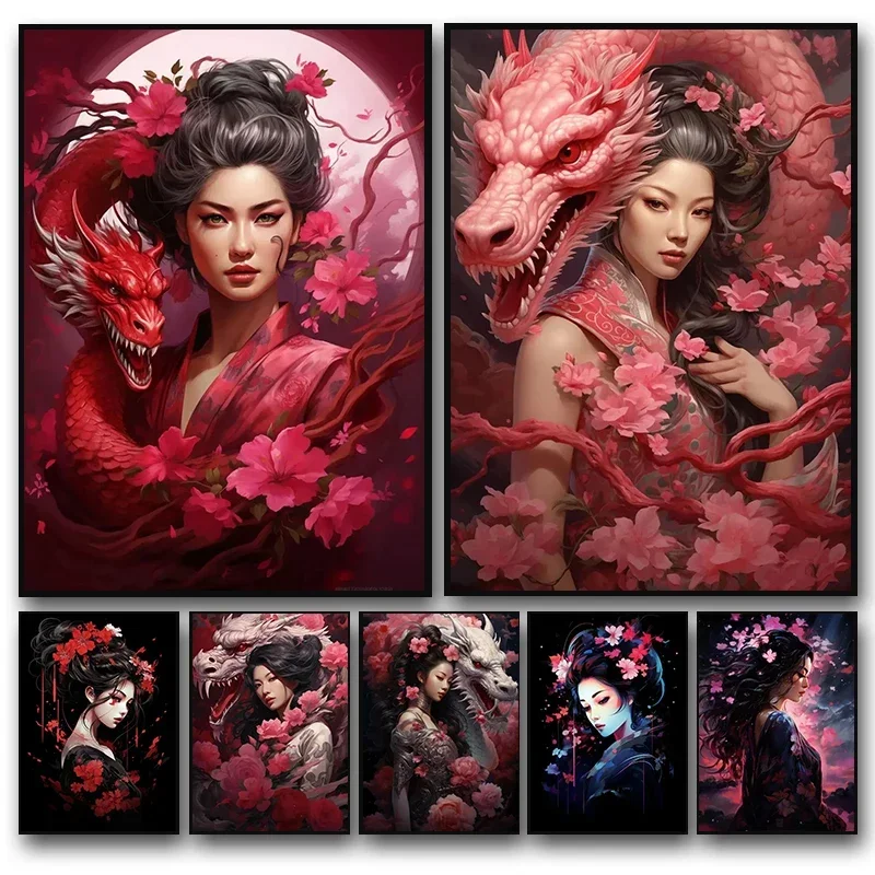 Vintage Japanese Geisha Woman Girls Samurai Sword Dragon Art Poster Canvas Painting Wall Prints Picture for Living Room Decor