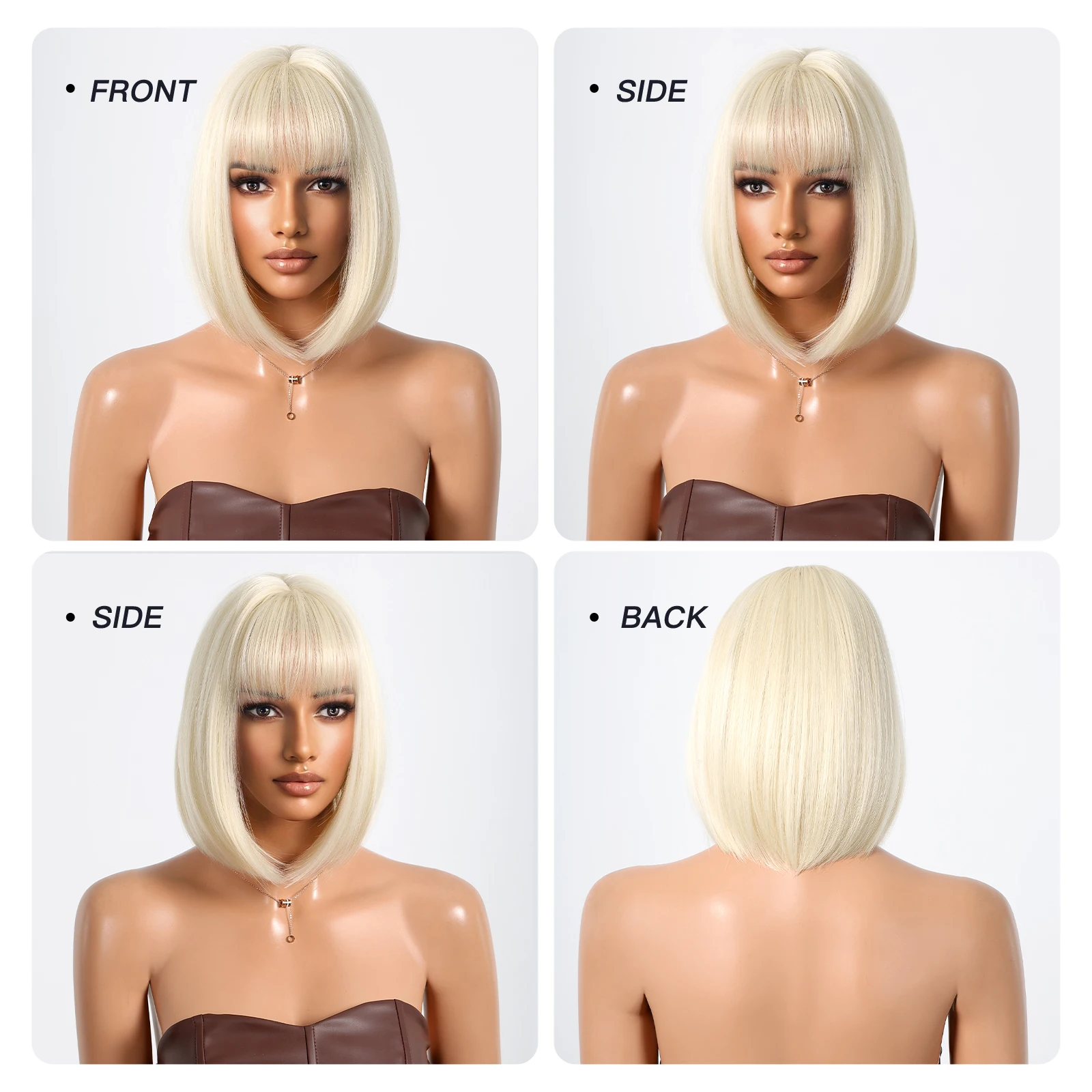Platynowa blond peruka Bob z grzywką Syntetyczne peruki Cosplay z krótkimi prostymi włosami dla czarnych kobiet Żaroodporne imprezowe codzienne sztuczne włosy — zdjęcie 6