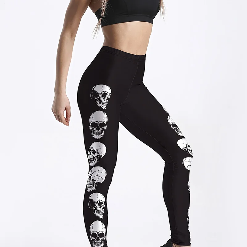 Skull print nine cent pants breathable and slim leggings lift hips and slim body breathable sweat absorbent and anti-silk