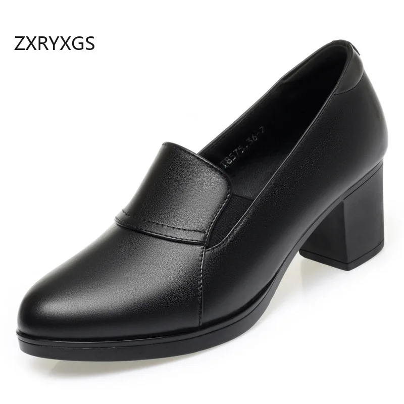 ZXRYXGS 2025 جديد الخريف جلد طبيعي موضة أنيقة حذاء أسود عالية الكعب حجم كبير مريحة عدم الانزلاق النساء الأحذية العصرية