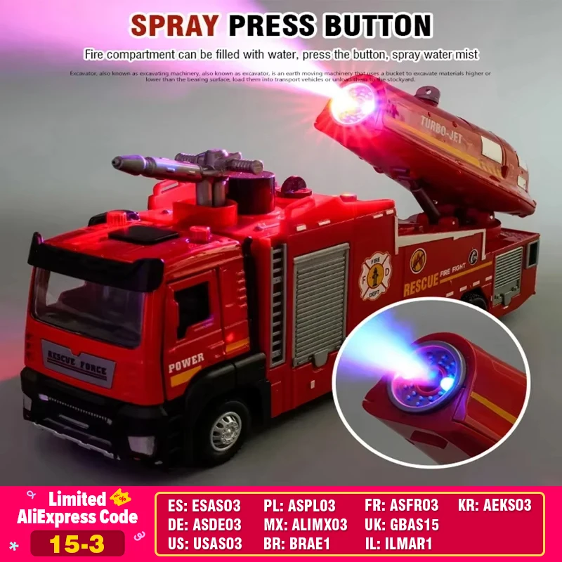 

1/32 Fire Truck Model Water Spray Fire Rescue Toy Car Die-cast Light Sound Simulation Vehicle Pull-Back Car Models for Kid Gift