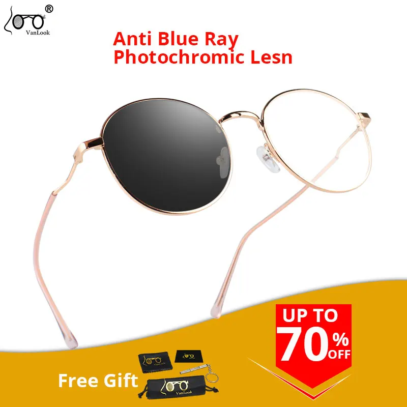 Round Chameleon Sunglasses Photochromic Glasses Women Men Blue Light Blocking Spectacle For Computer Anti UV Metal Eyewear Frame