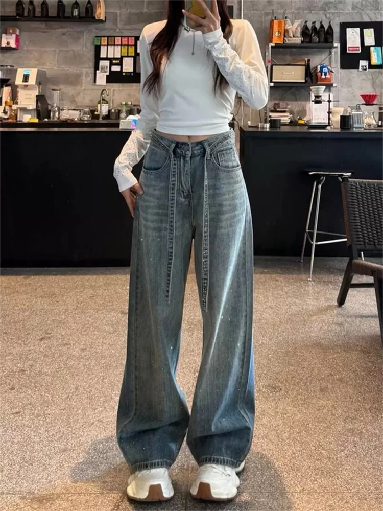 Grande taille américain Sle strass Denim taille haute jambe droite pantalon large pour poire aped femmes automne tenue décontracté