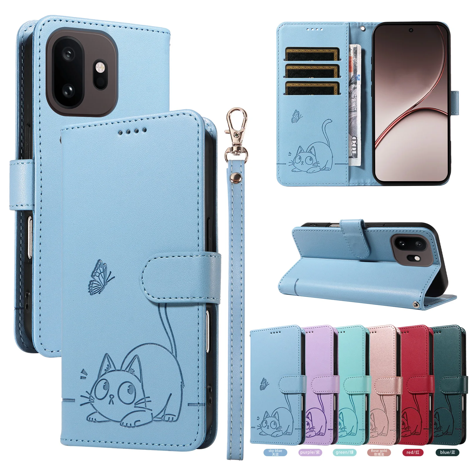 Leather Wallet Flip Case for Oneplus 13T 13R 15T 15R Nord CE5 6 Turbo 6 Ace 5 6 Pro Ultra | Cat & Butterfly Embossed Design