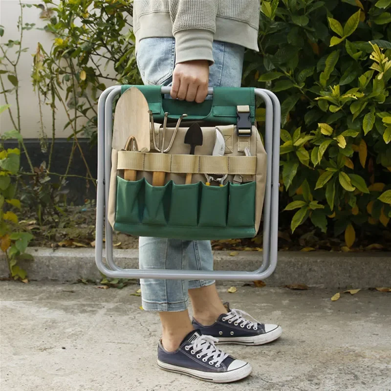 Folding Gardening Stool Gardening Hand Bench with Garden Storage Tote Bag with Multiple Pockets Garden Tools Kit Bag