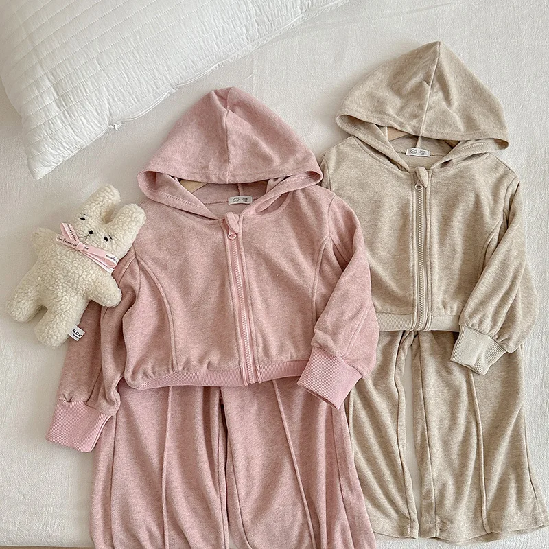 Junior Girls 2 Piece Clothes Set Cotton Baby Girl Hooded Elastic Hem Coat Kid Girl Solid Wide Leg Pant Outfit Children Girl Suit