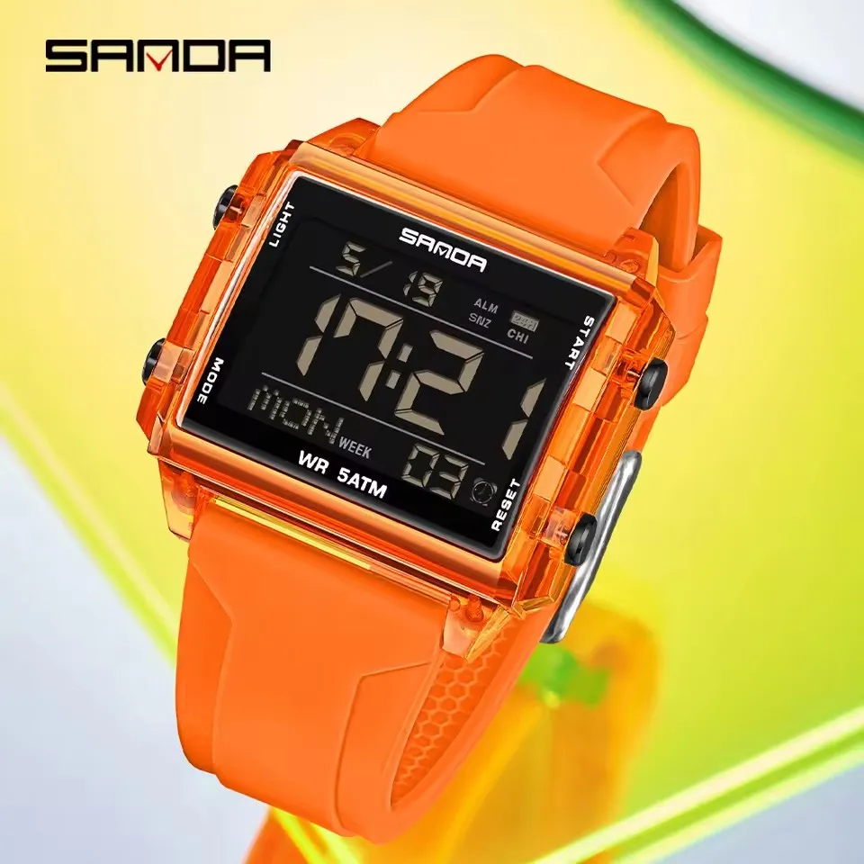 산다 6275 패션 전자시계 투명 케이스 방수 실리콘 스트랩 야광 달력 스포츠 남녀 디지털 시계