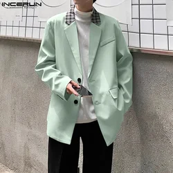 INCERUN Tops 2024 Korean Style Fashion Men Plaid Neck Splicing Suit Coats Casual Streetwear Male Loose Long Sleeved Blazer S-5XL