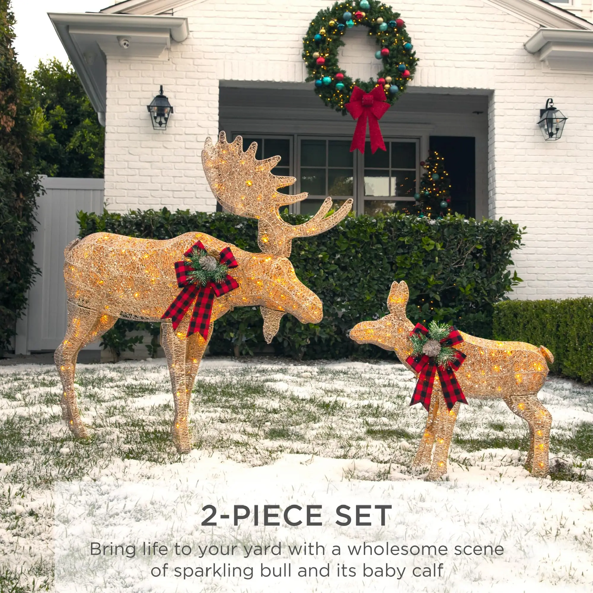 5ft 2-Piece Moose Family, Lighted Outdoor Christmas Yard Decoration, Light-Up Décor Set w/ 370 LED Lights, Zip Ties