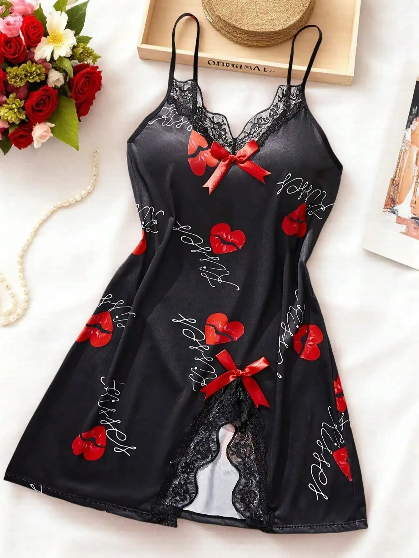 

Black Satin Nightgown with Red Lip Heart Print, Lace Trim & Bow Detail