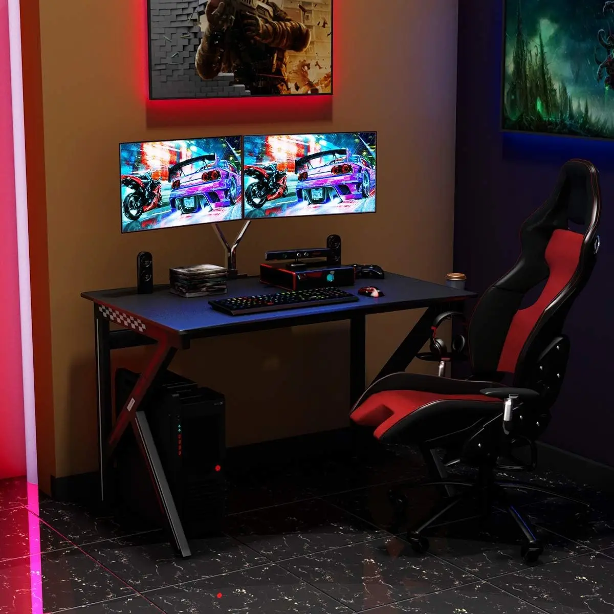 Computer tisch Gaming-Schreibtisch, E-Sport-Gaming-Workstation mit Getränke halter und Kopfhörer halter, ergonomischer Gamer-Tisch mit Einstellung