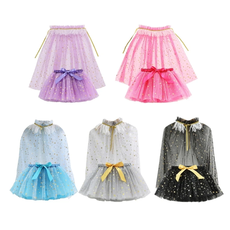 Elastic Waist Tulle Skirt with Matching Star Decor Cloak for Birthday Parties W3JF