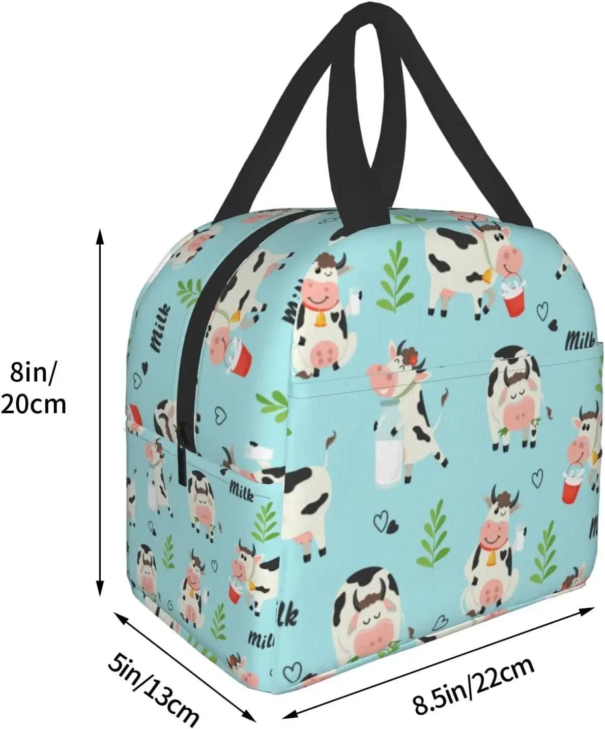 Fiambrera con estampado de vacas de granja y botellas de leche, bolsa de almuerzo de aislamiento pequeña Kawaii, bolsa de comida reutilizable,