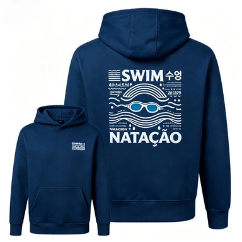 Unisex Swim Natacao Graphic Pullover Hoodie Multi Language Swimming Goggle Print Casual Hooded Sweatshirt for Men Women